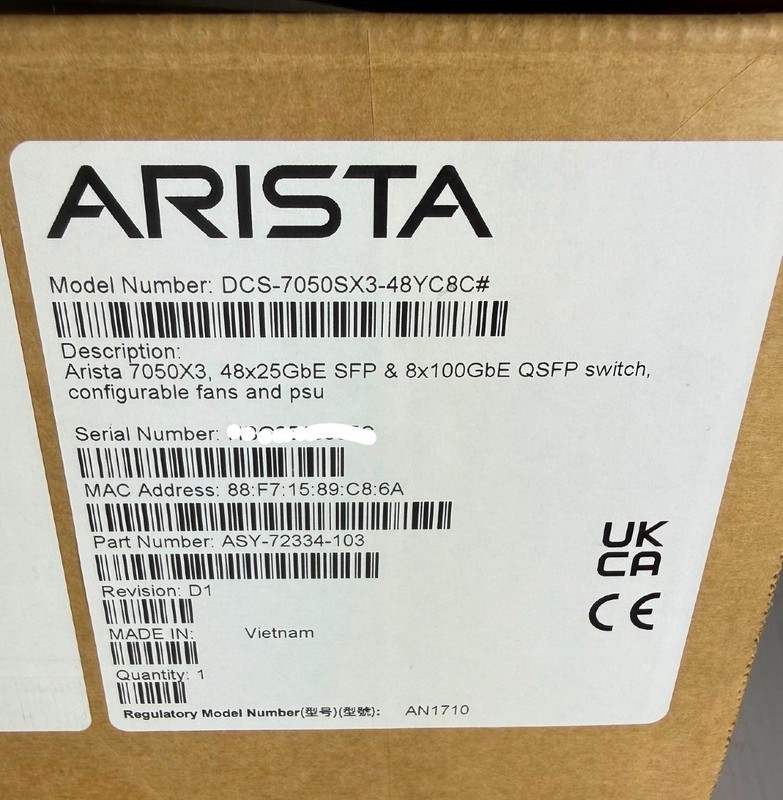 Arista DCS-7050SX3-48YC8C-F 48x25GbE SFP 8x100GbE QSFP 2X AC Powers NOB