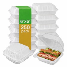  6" x 6" , 250 Pack 250/1  White- Hinged MFPP Containers   Front Lock