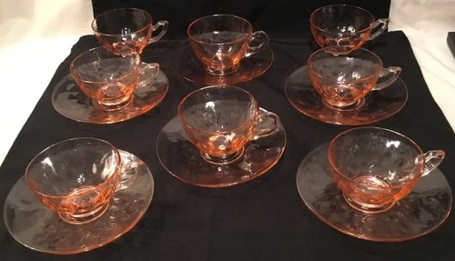 Vintage Pink Depression Glass Teacups And Saucers 6 Sets +2 Cups