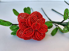 Vintage Handmade French Beaded Red Poinsettia Green Beads Christmas 4 Stems