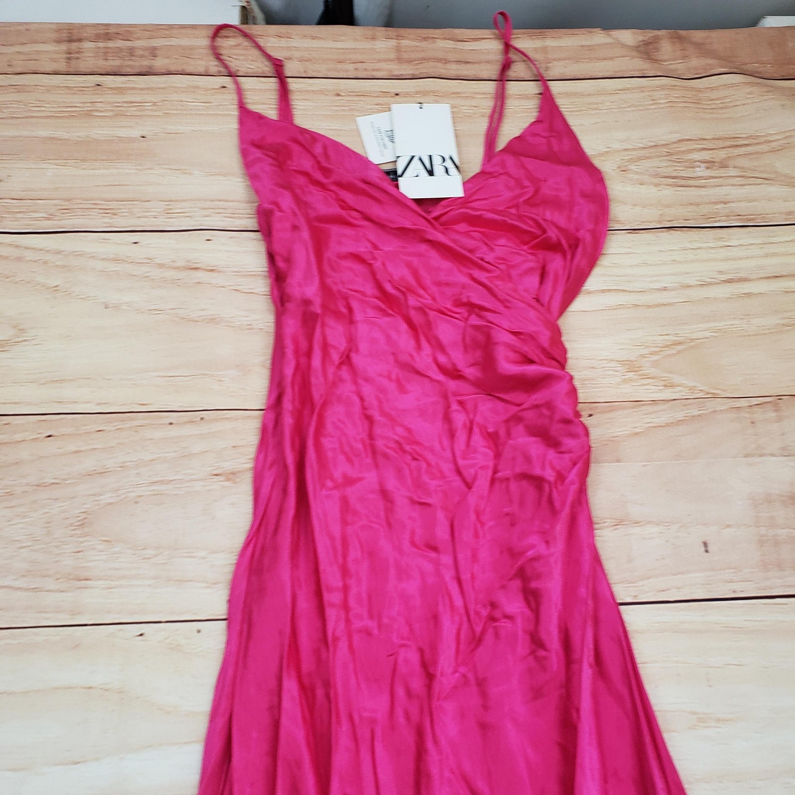 Zara Dress Womens Small Pink Maxi Satin Slip Ruched Spaghetti Strap Viscose New thumbnail 2