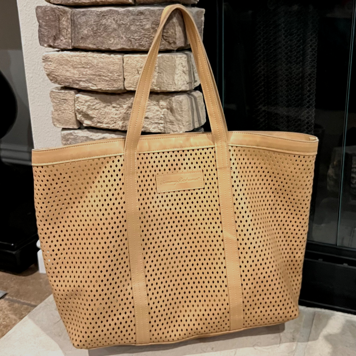 Tommy Bahama Perforated Faux Leather Tote Bag Women Purse Beige Hand Bag