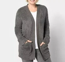 Barefoot Dreams CozyChic Ribbed Knit Trim Cardigan Anchor Gray Sweater A615050