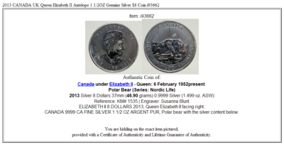 2013 CANADA UK Queen Elizabeth II Antelope 1 1/2OZ Genuine Silver