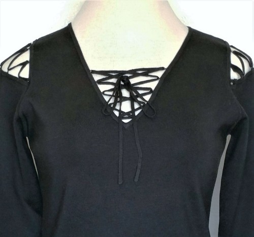 Blusa Top Colleen Lopez NUEVA con Etiquetas Negra Mezcla Seda Tirantes Hombro Frío Talla S - Imagen 5 de 11