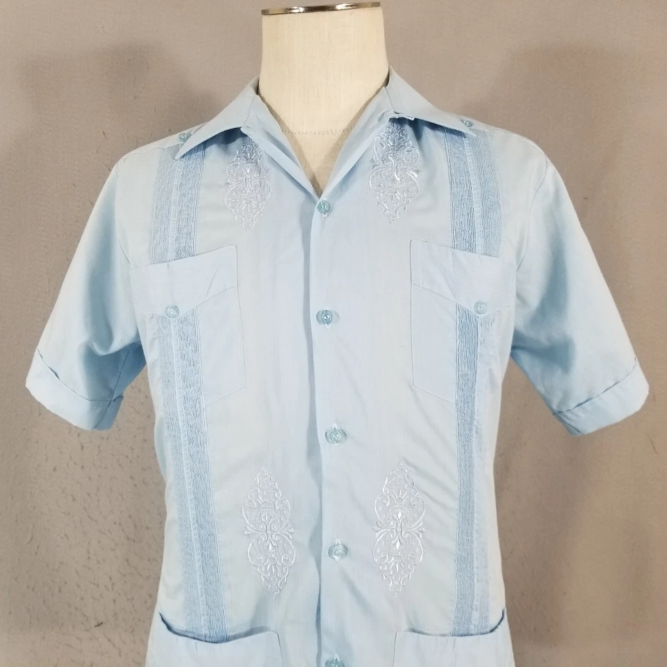 Guayabera Yucatecas Princeton Shirt men's small embroidered blue short sleeve - Image 2 of 4