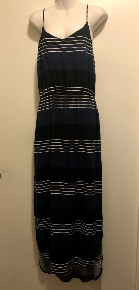 Usado en Excelente Condición Antiguo Azul Marino Retro Boho Negro Azul Rayas Hi Lo Cami Maxi Vestido L Foto 2 de 4