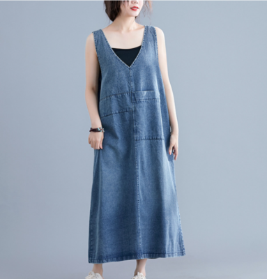 Casual Loose Denim cotton Overall Dress Jean V-Neck Dungaree Dress Long  Women | eBay
