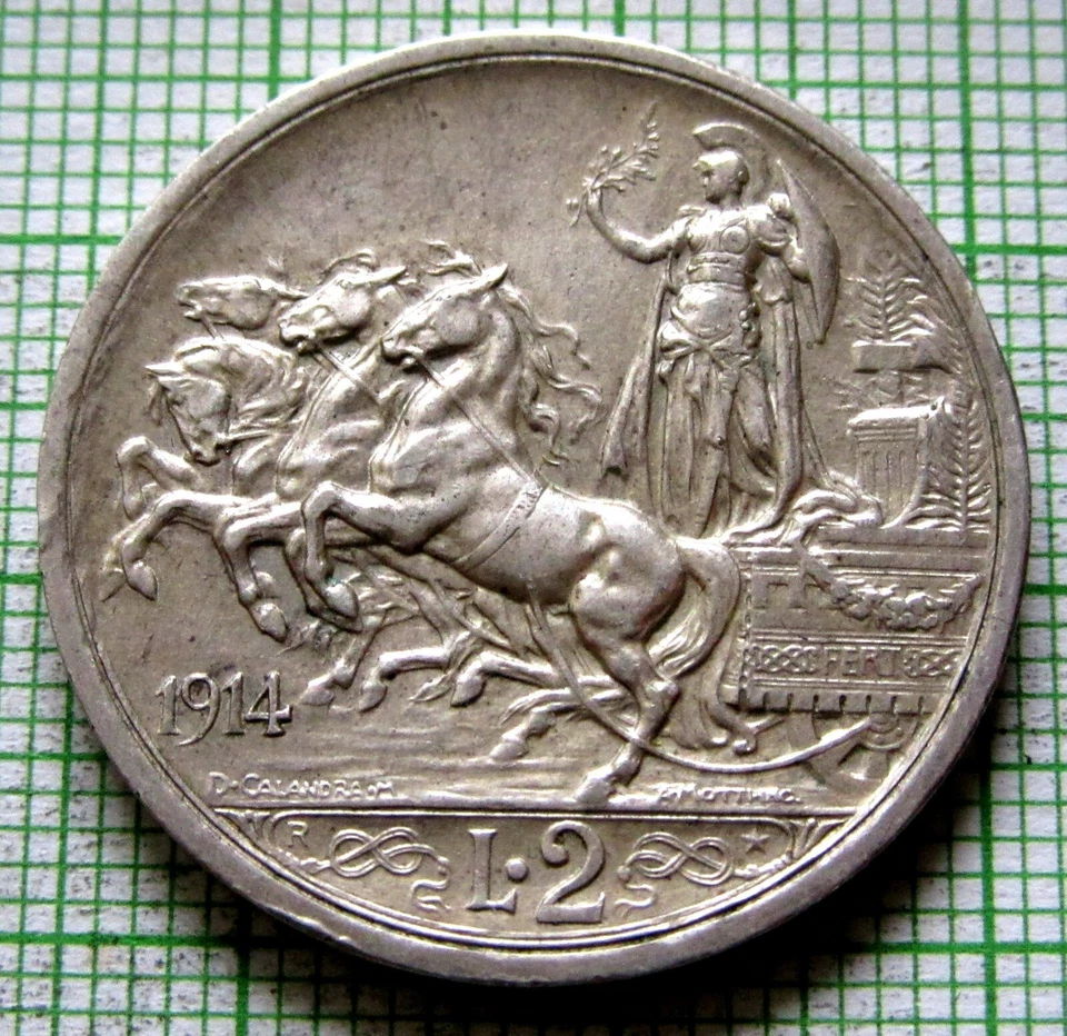 ITALY VITTORIO EMANUELE III 1914 R 2 LIRE, QUADRIGA, 0.835 SILVER High GRADE - Image 3 of 4