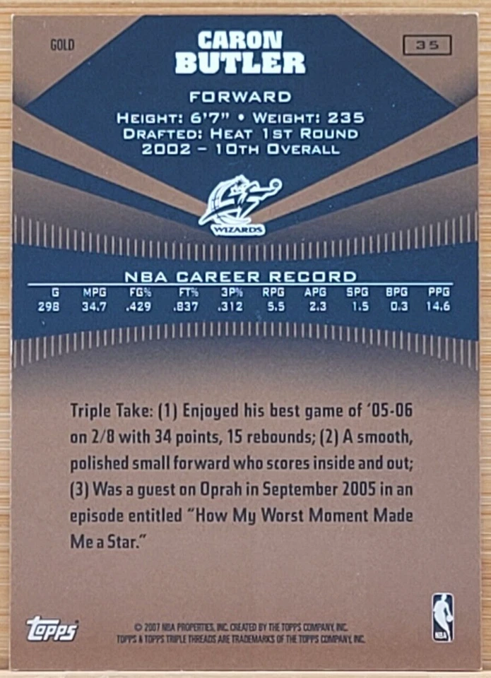 2006-07 TOPPS TRIPLE THREAD CARON BUTLER GOLD #D /99 - Image 2 of 2