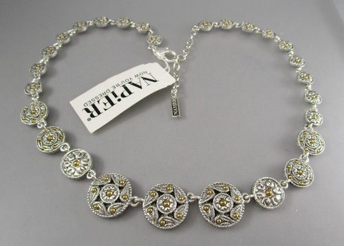 NAPIER Silver & Gold Tone Round Metal Link Adjustable Necklace 8884 - Picture 4 of 8