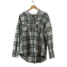 New In: Hooded Long Sleeve Size M Button Down Frayed Plaid Flannel Shacket