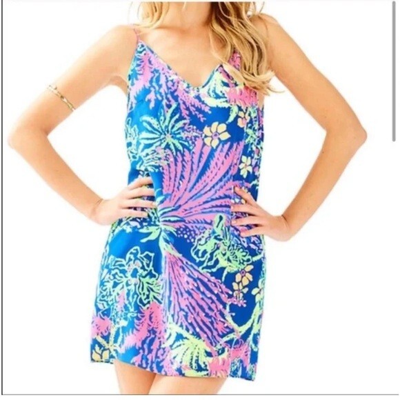 lilly pulitzer lela silk dress Lilly Pulitzer Women's Silk Lela Cami Shift Dress Navy Pink Size XS