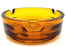 Beautiful Amber Round Glass Cigarette Ash Tray Mid Century Art Deco 31/2"