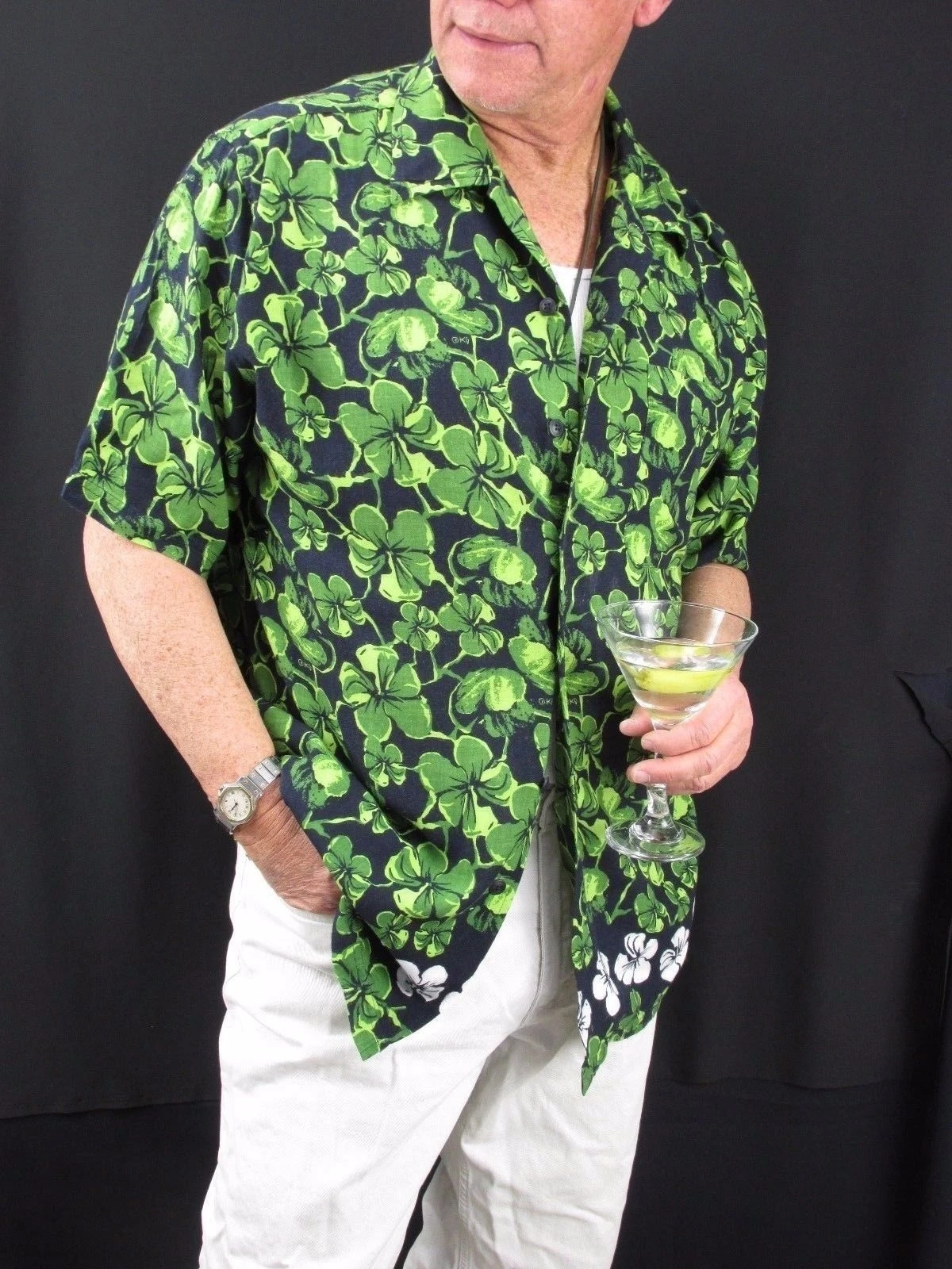 Hawaiian Aloha Shirt Down Under Navy Green White Rayon NEW Men's L H58