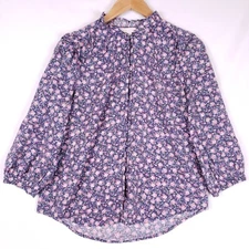 Lauren Conrad Floral Blouse Women M Navy Pink Button Front Prairiecore Farmhouse