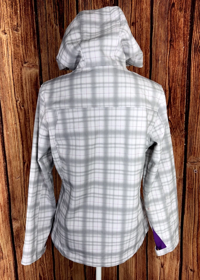 Chaqueta FREE COUNTRY Softshell para mujer M blanca gris a cuadros púrpura forrada de piel sintética Foto 4 de 4
