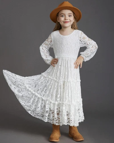 Girls Lace Long Sleeve Pink Dress Baby Kids Bohemia Princess Party Costumes - Picture 12 of 28