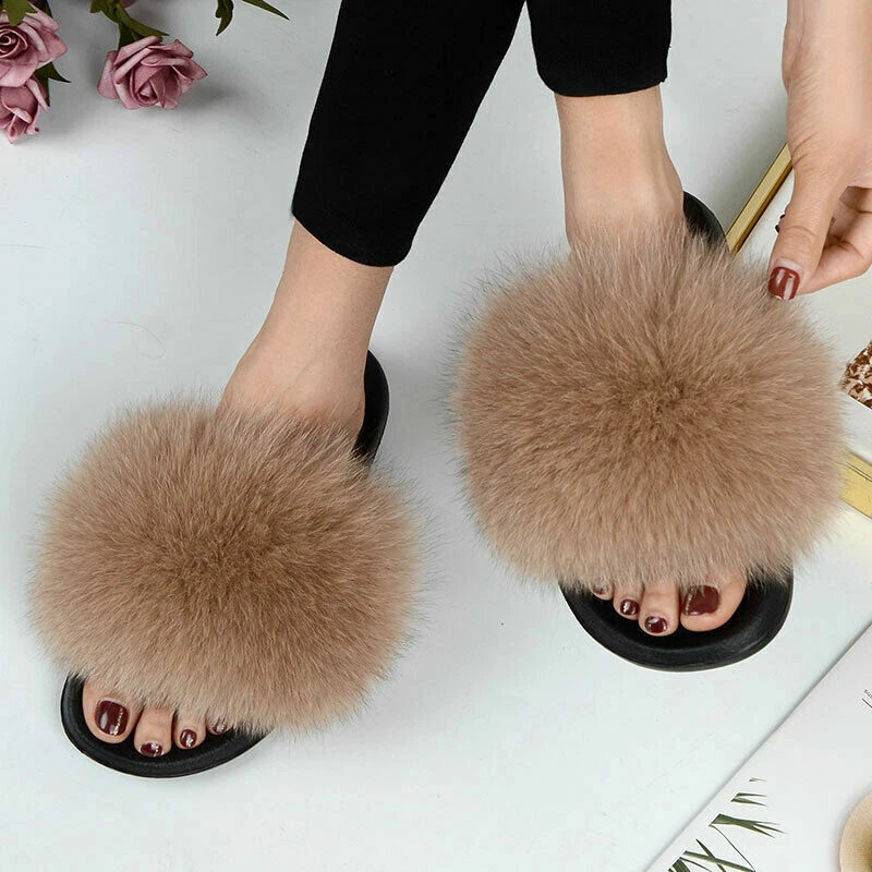 Women Casual Fluffy Slippers with Fur Flat Non Slip Furry Slides