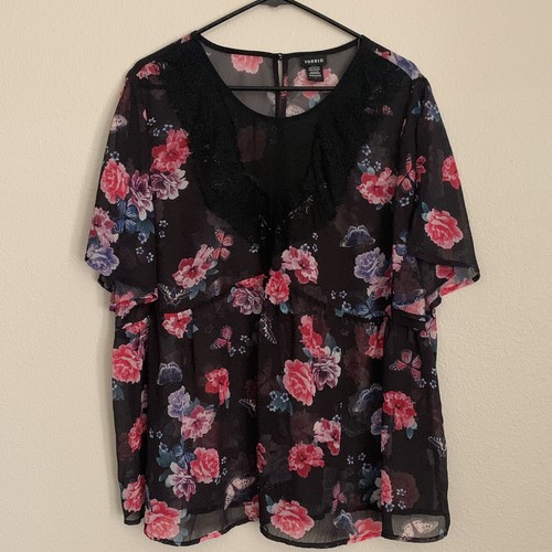 Torrid Floral Butterfly Print Black Pink Sheer Blouse Size 1