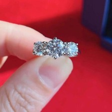 3CTW Round Cut VVS1 Moissanite Three Stone Engagement Ring 14K White Gold Plated