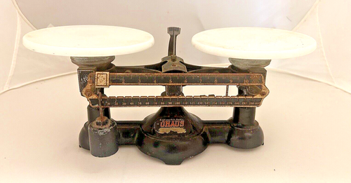Antique Ohaus Balance Scale Double Beam Cast Iron & Steel Milk Glass Pans 2 Kilo