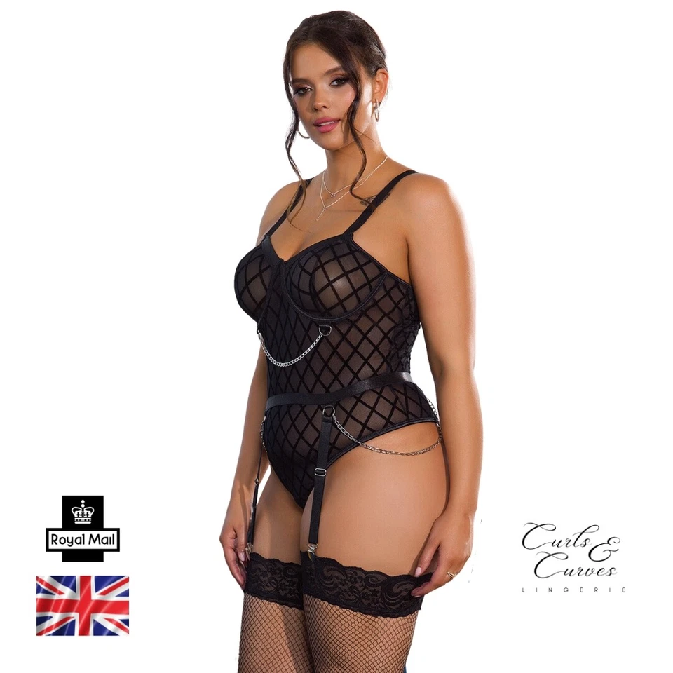 Plus Size Harness Bodysuit Black Metal Chain Leather Straps Mesh Teddy Lingerie - Image 3 of 4