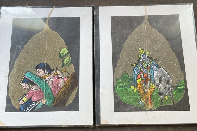 Peepal Leaf Painting x2 Indian Woman Musician/ Krishna Matted Framed