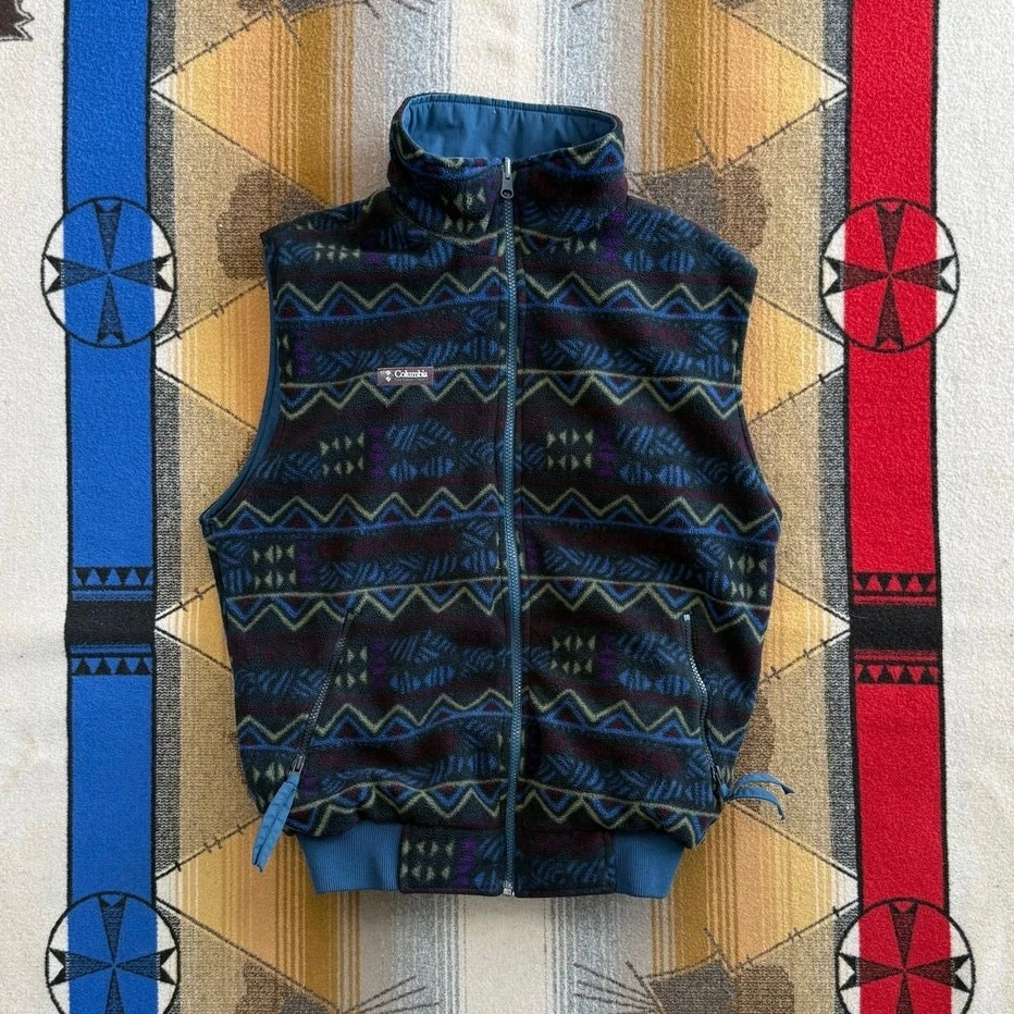 Vintage Columbia Vest Mens Small Reversible Fleece Aztec Outdoor Retro