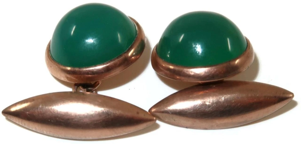 Gemelos cabujón de jade manzana oro 9 quilates antiguos raros, 7 gramos, 1/2" redondos Foto 3 de 4