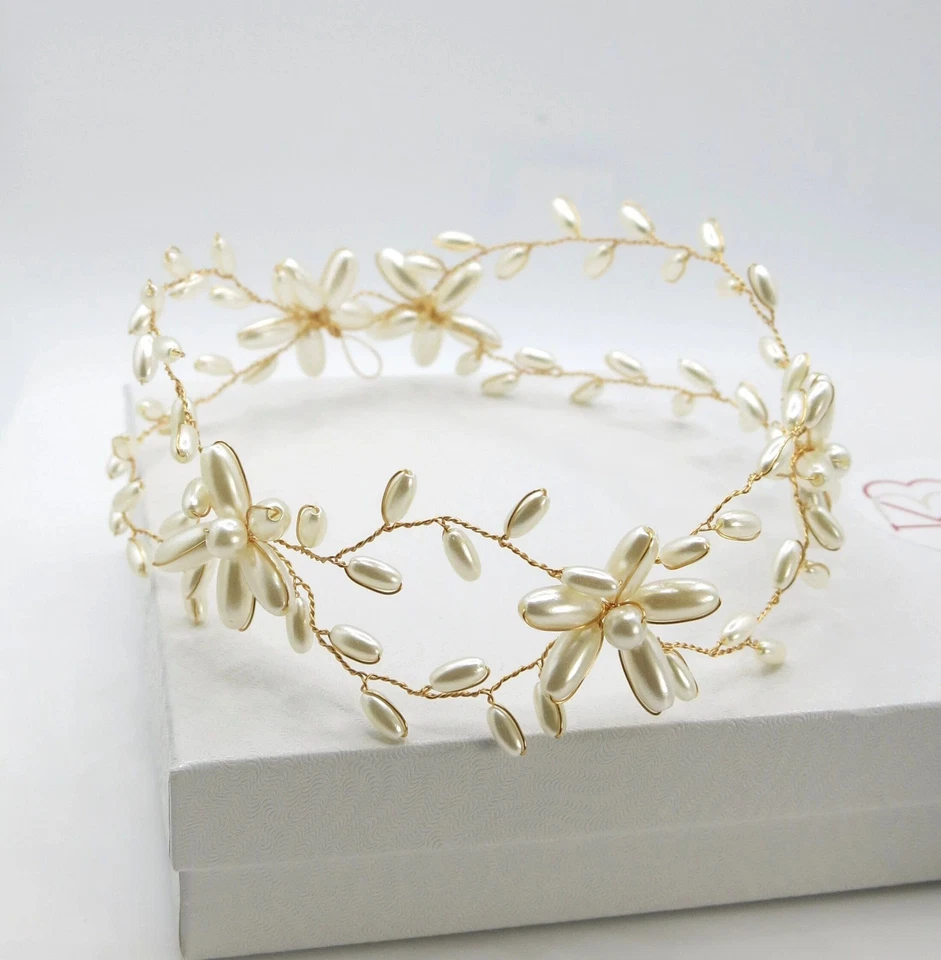 Gold Wire Headband, Bridal Pearl Head Wreath, Wedding Oval Pearl Hair Vine Tiara - Image 3 of 4