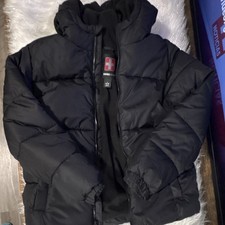 Swiss Tech Unisex Kids Black Hooded Puffer Jacket Size S Polyester Outer Shell