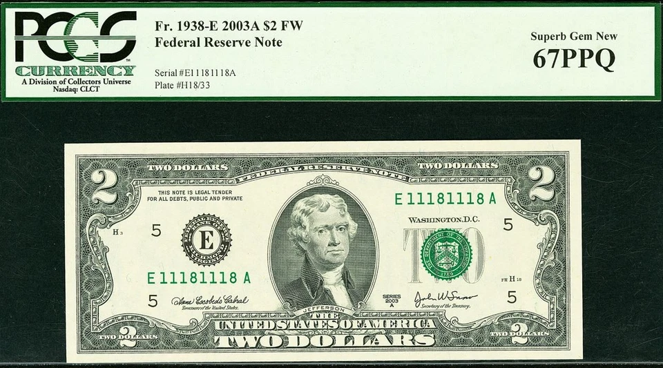 2003A $2 Federal Reserve Note PCGS 67PPQ - Fancy Repeater Serial Number 11181118 - Image 2 of 3