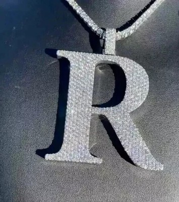 3Ct Lab Created Moissanite Round Custom R'' Initial Pendant 14K White Gold Plated