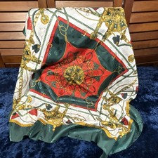 Satin Square Scarf Equestrian Geometric Print Green Red Gold White Women