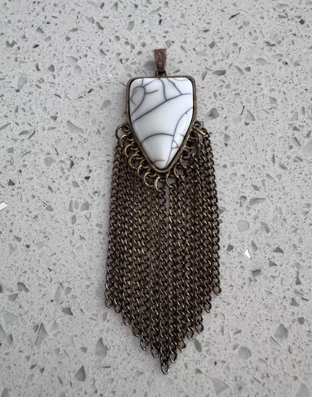 White Shield Pendant w/Bronze-tone Cable Chain Tassel Fringe