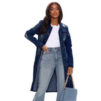 Damen Distressed Loch Overknee Lange Denim Jeansjacke Slim Fit Trenchcoat