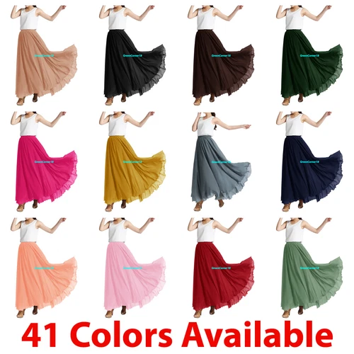 Women Maxi Skirt Chiffon Double Layer Pleated Retro Long Dress Elastic Waist New