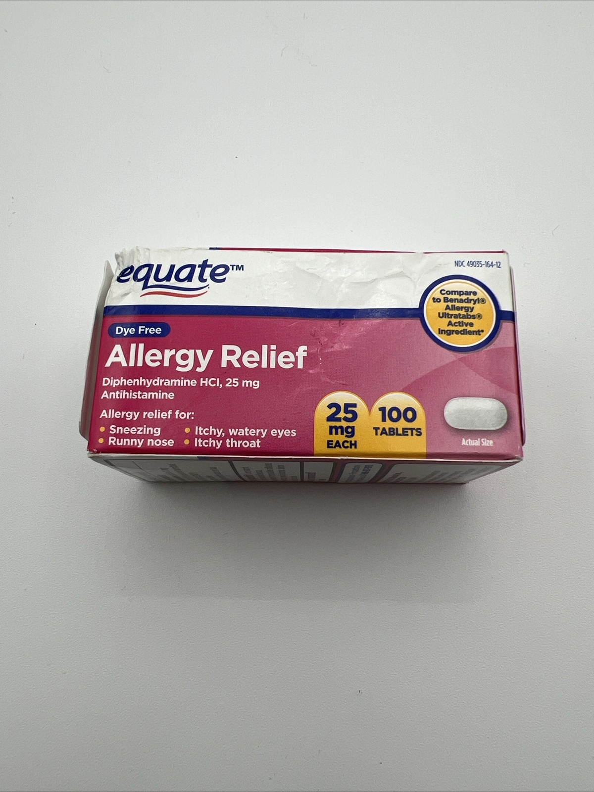 Equate Allergy Relief Diphenhydramine HCl 25 mg Tablets, 100 Ct Exp 4/