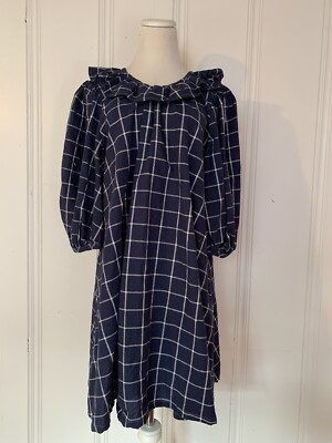 Handmade Dress Women Navy Blue Check Bohemian Peasant Ruffle Collar | eBay