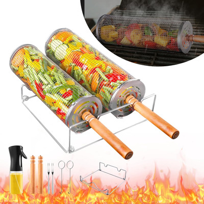 Rolling Grill Basket for Outdoor 2 PCS BBQ Grilling Gifts for Men Dad Husband