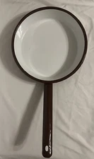 Vintage Huta Silesia Enamelware Frying Pan 10” Long Handle Brown And White