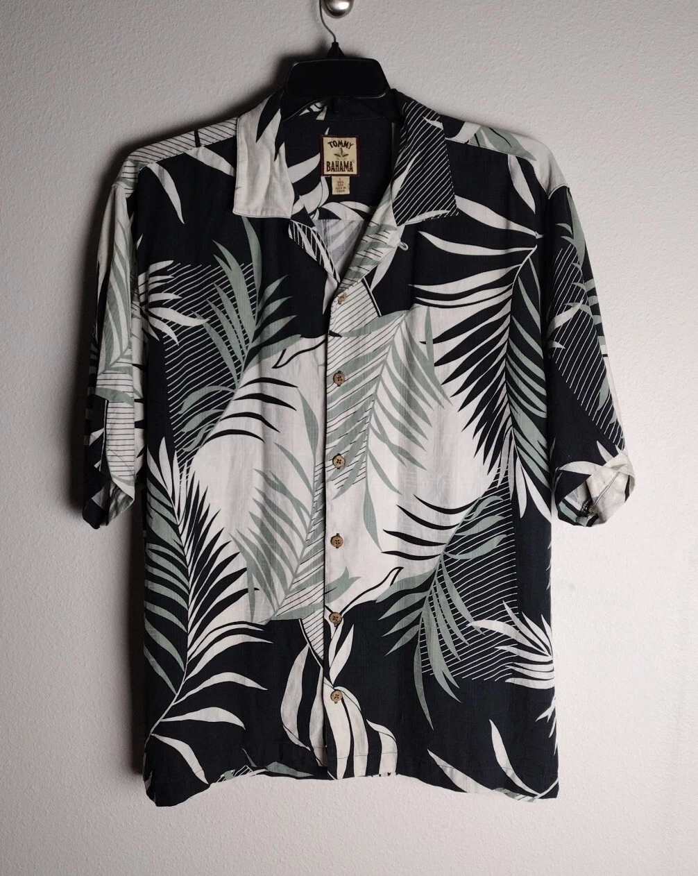 Tommy Bahama Green Black Palm Frond Short Sleeve Button-Up Silk Shirt Large