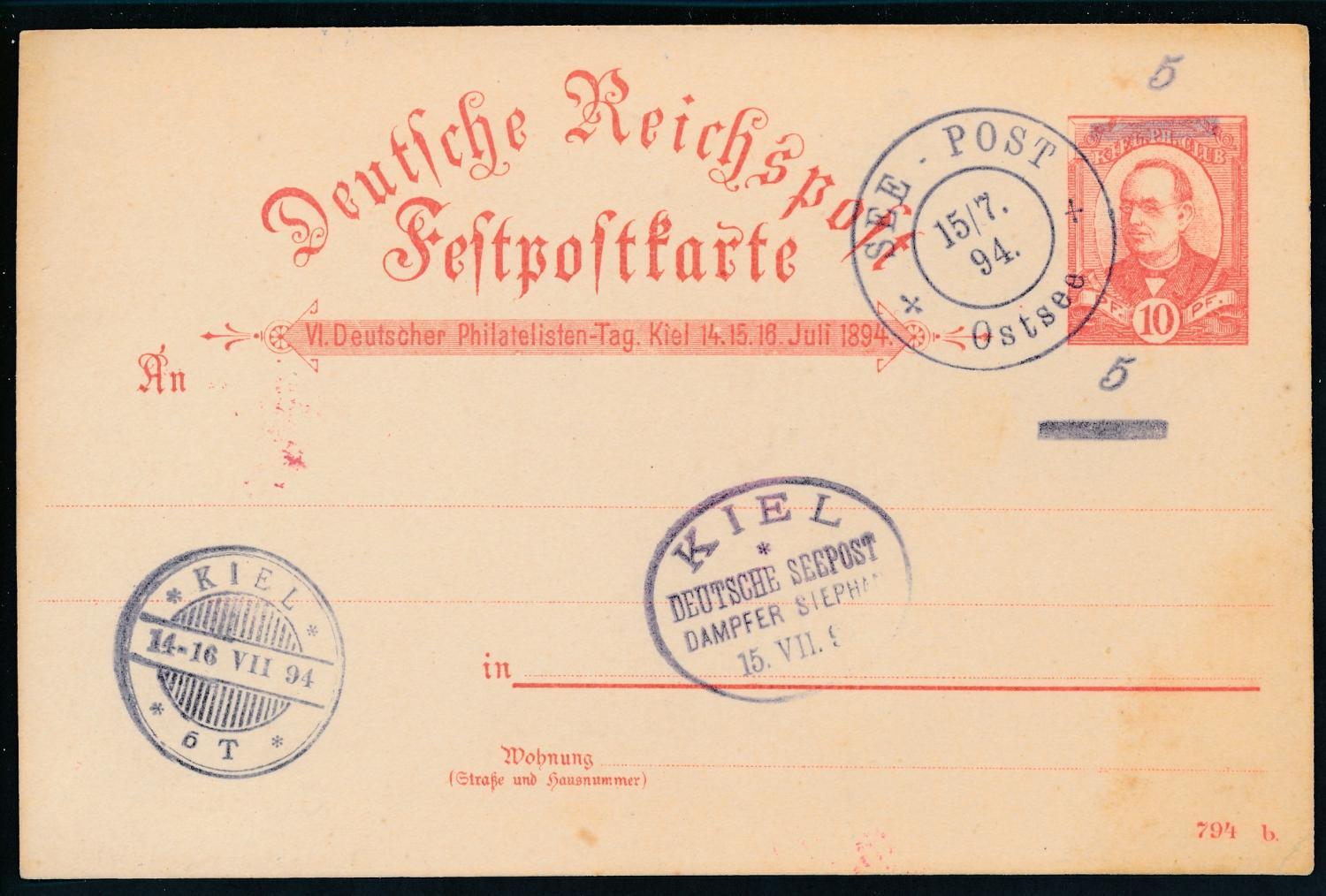 DR Entero GS Día del Filatelista Correo Privado Kiel Ph.Club 1894 Correo Marítimo Vapor St