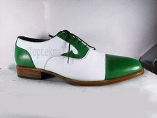 Handmade Men's Leather New Formal White Green Lace Up Cap Toe Oxfords Shoes-389