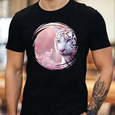 Herren T-Shirt Weißer Tiger im Blumengarten  Motiv Baumwolle Größe XS bis 5XL