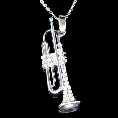 ~BB TRUMPET~ made with Swarovski Crystal bach king Brass Music Necklace Jewelry