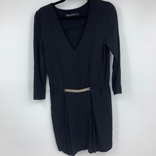 Zara womens medium dress fit and flare v neck chain detail stretch black READ