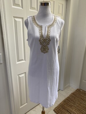 NWT Crown & Ivy White Gold Embroidered Trim V Neck Shift Dress M | eBay