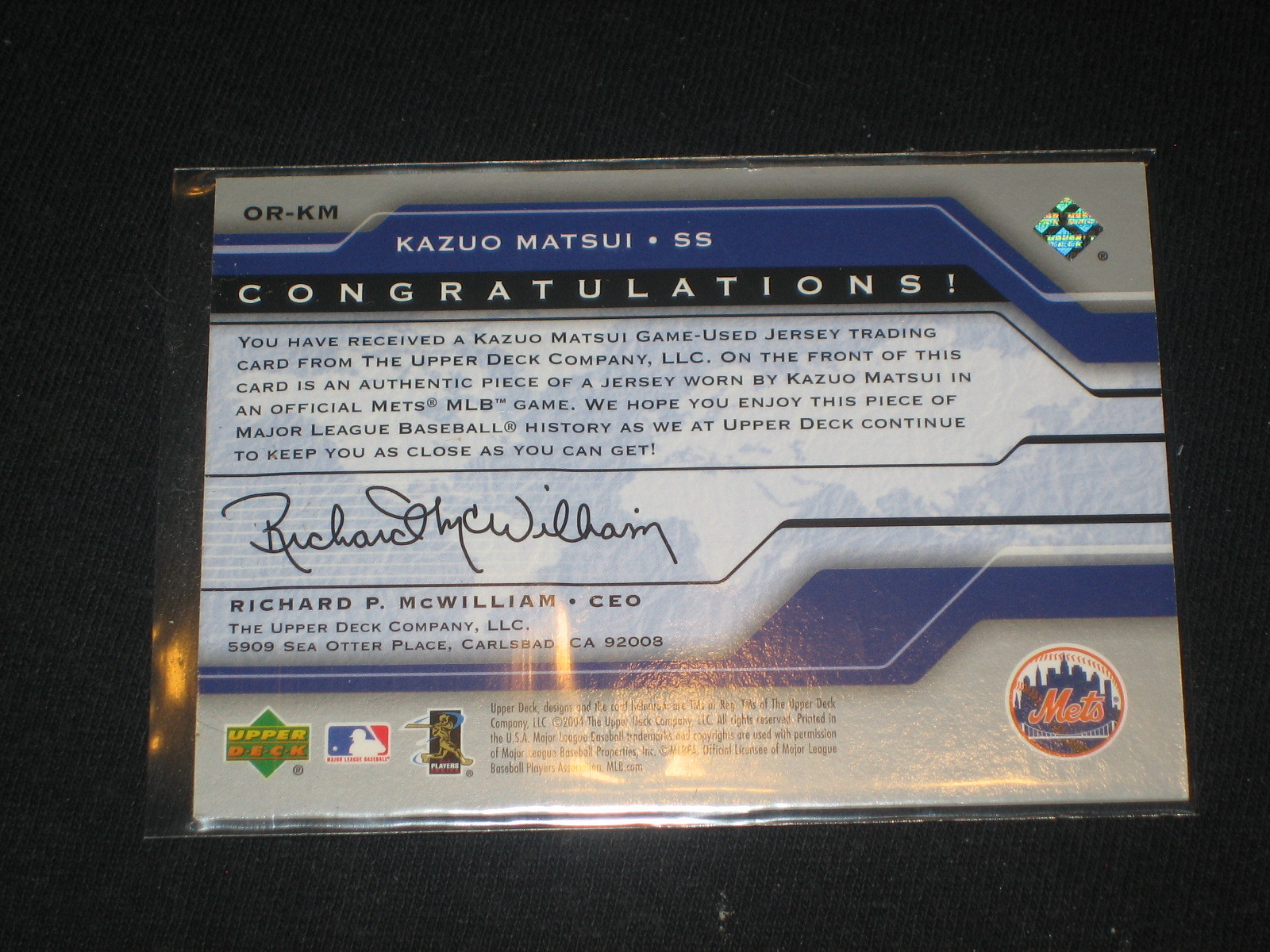 KAZUO MATSUI METS ORIGINS CERTIFIED AUTHENTIC BASEBALL GAME USED JERSEY CARD view 2